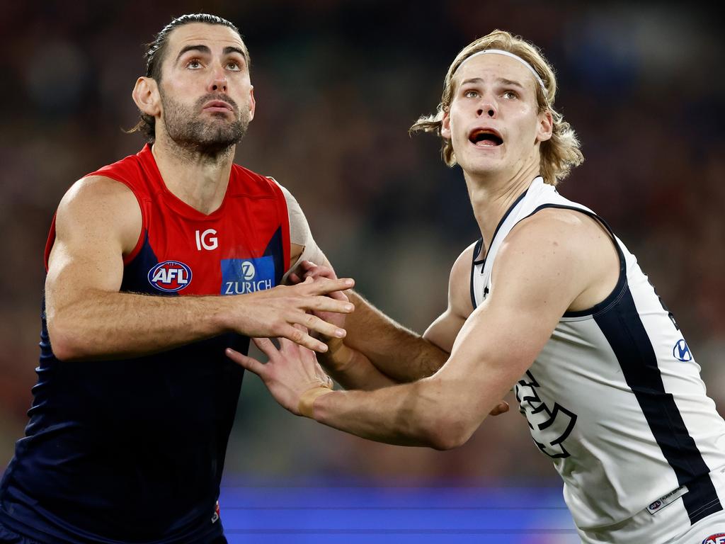 Brodie Grundy rucking against Tom De Koning during his time at Melbourne. Picture: Michael Willson/AFL Photos