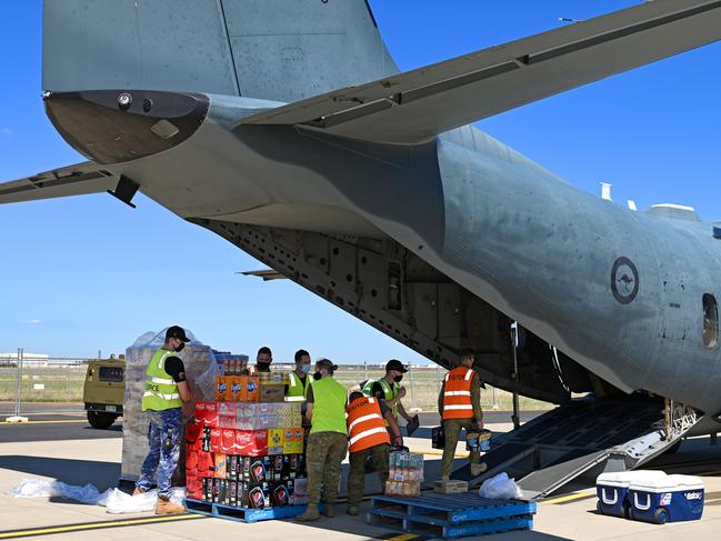 The Royal Australian Air Force has flown critical supplies to Coober Pedy that was cut off from the floods. Picture: NCA NewsWire / Naomi Jellicoe