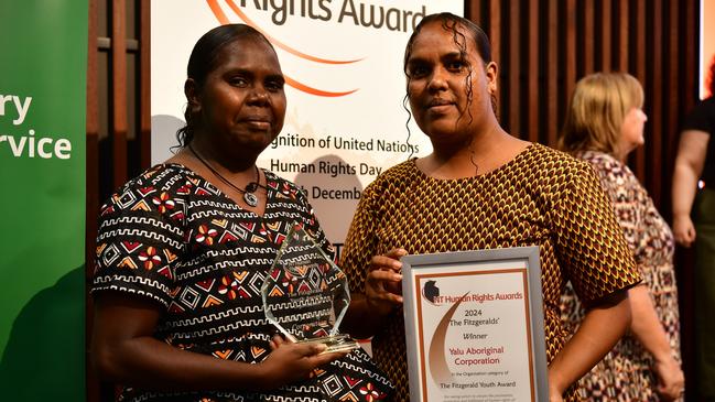 Yalu Aboriginal Corporation Girl Power Group members Jasmine Yunupingu and Litisha Baker at the 2024 NT Human Rights Awards, on Tuesday December 10. Picture: Zizi Averill