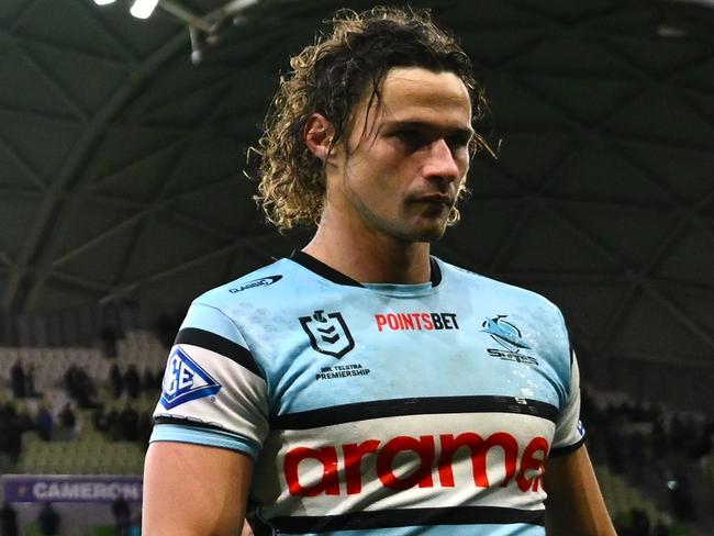 MELBOURNE, AUSTRALIA - SEPTEMBER 14:  Cameron McInnes and Nicho Hynes of the Sharks walk off the field after losing the NRL Qualifying Final match between Melbourne Storm and Cronulla Sharks at AAMI Park on September 14, 2024 in Melbourne, Australia. (Photo by Quinn Rooney/Getty Images)