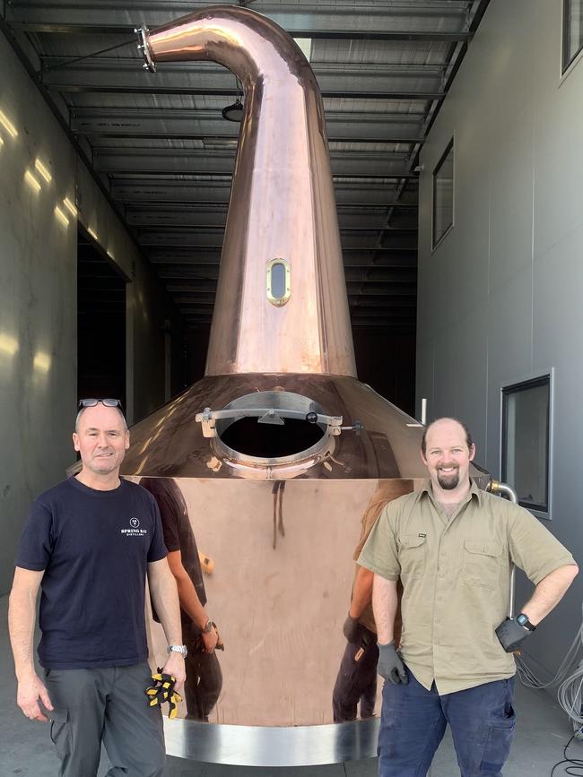 Spring Bay Distillery’s still being installed by owner Cam Brett and distillery manager Dean Jackson. Picture: Supplied