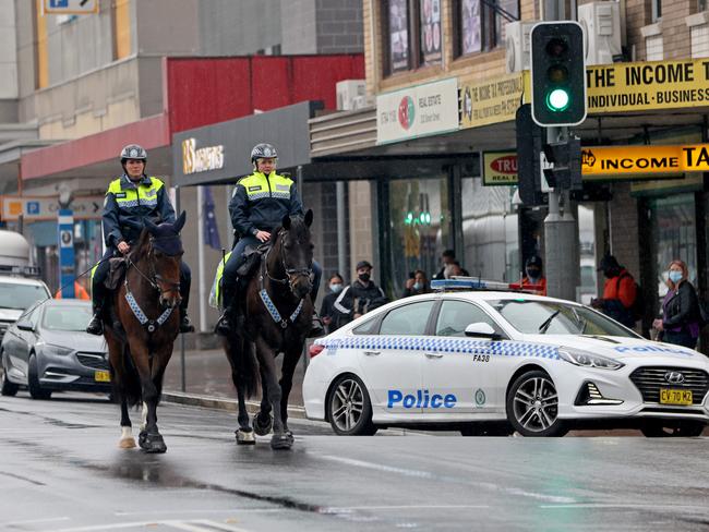 Mounted police are patrolling the streets of southwest Sydney to ensure compliance with Covid-19 public health orders. Picture: NCA NewsWire/Damian Shaw