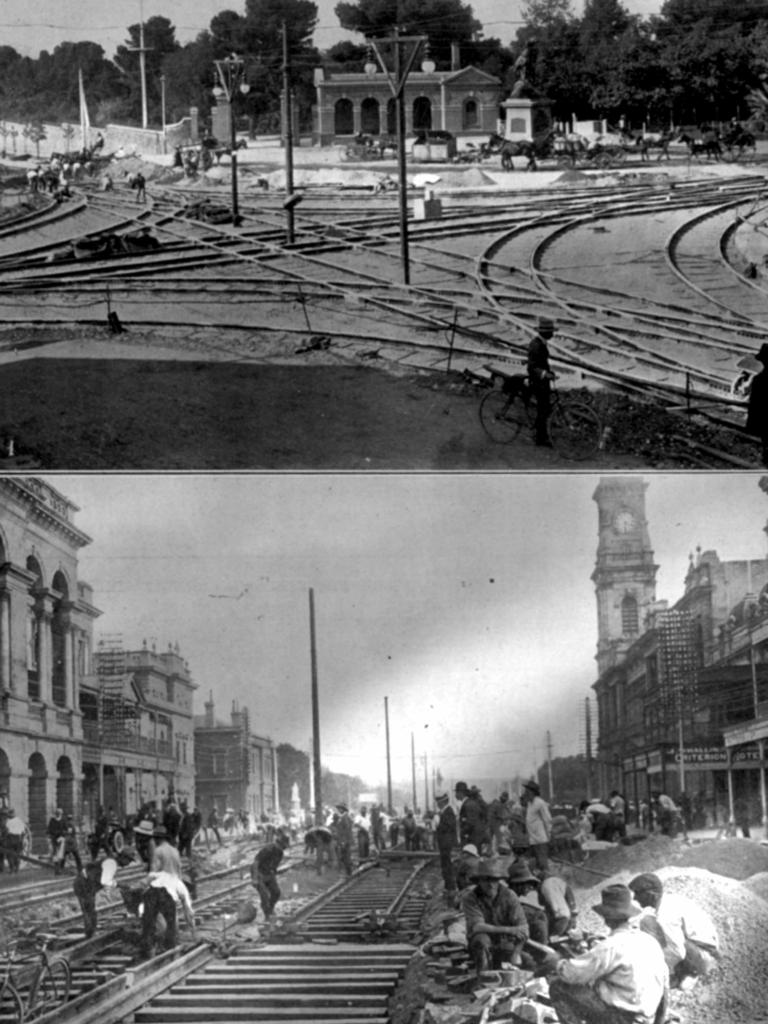 Construction work on the tram lines on King William St.