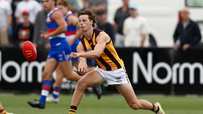 Henry Hustwaite could bolt into the Hawks’ midfield in Round 1. Picture: Michael Willson/AFL Photos via Getty Images.