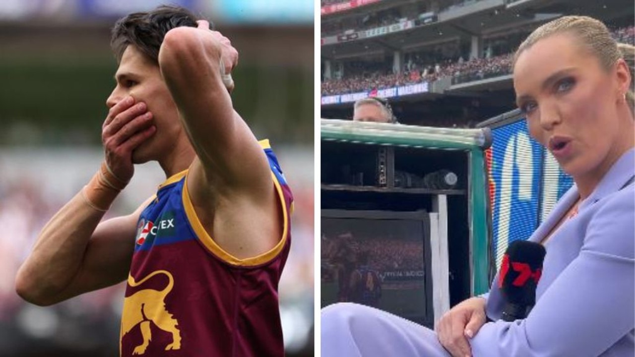 Eric Hipwood celebration and Abbey Holmes' reaction. Photos: Channel 7