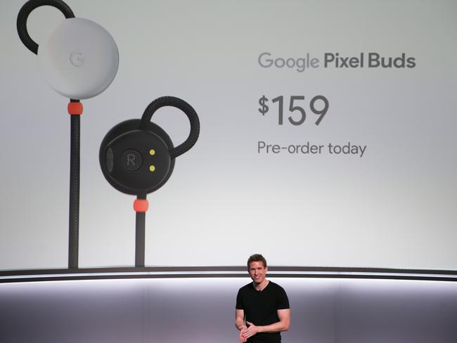 Juston Payne, Product Manager for Google Clips at Google Inc., introduces the new Google Pixel Buds. Picture: Elijah Nouvelage