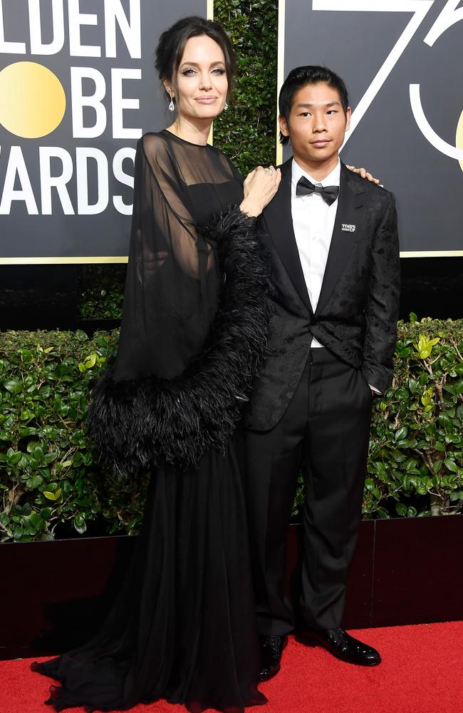 Angelina Jolie and son Pax Thien Jolie-Pitt attend The 75th Annual Golden Globe Awards at The Beverly Hilton Hotel on January 7, 2018 in Beverly Hills, California. Picture: Getty