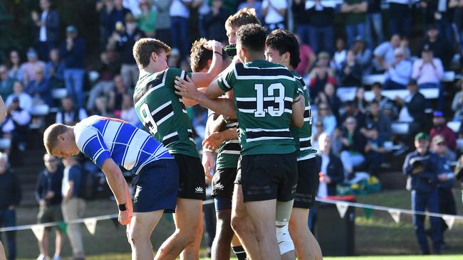 BBC players celebrate a try GPS first XV rugby between Nudgee and BBC Saturday August 6, 2022. Picture, John Gass