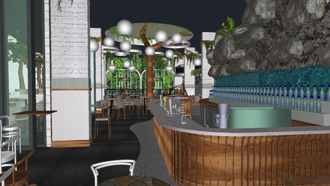 EXCLUSIVE TO GOLD COAST BULLETIN _ DO NOT PUBLISH UNTIL AFTER 18 AUGUST 2018 Artist impressions of new Surfers Paradise bar restaurant White Rhino, now under construction from Cavill Mall to Circle on Cavill public square. It features a bar with waterfall feature, an estimated $3m build, upstairs mezzanine dining areas, greenery and indoor and outdoor flow. PICTURE: SUPPLIED