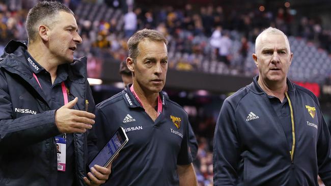 Hawthorn coach Alastair Clarkson with former Hawks footy boss Graham Wright (right, now at Collingwood) and ex-assistant Adem Yze (who is at Melbourne). Picture: Michael Klein