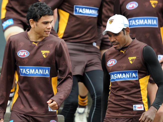 Cyril Rioli and Carl Peterson at Hawthorn training.