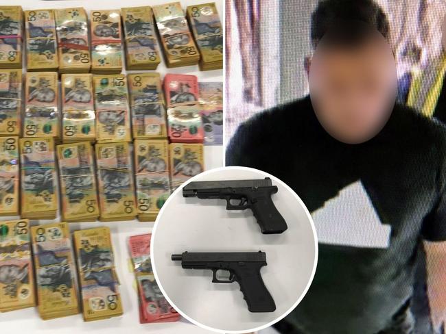 An alleged bikie has been charged with trying to transport two handguns, $370,000 cash, ammunition and drugs on a commercial flight from Brisbane to Sydney.Bradley Grishen Robertson, 41, of Dolls Point, allegedly checked in for his flight at Brisbane Airport on April 19 using a false name before security staff detected the firearms, cash, ammunition and 5g of methamphetamine in his luggage.Police allege the man fled the airport on foot when security staff attempted to question him about the contents of his checked-in luggage.The AFP-led National Anti-Gangs Squad started an investigation and identified a man alleged to have used the false identification. Picture: AFP