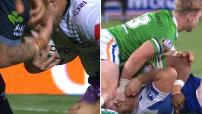 Josh McGuire (left) was only fined for his eye gouge on Cameron Munster while Hudson Young (right) will be sifleined for five weeks over his.