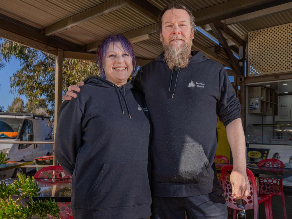 Owners of the Sumthin' Tastee cafe Rob and Sam North near the wetlands in Whyalla SA. Picture: Ben Clark