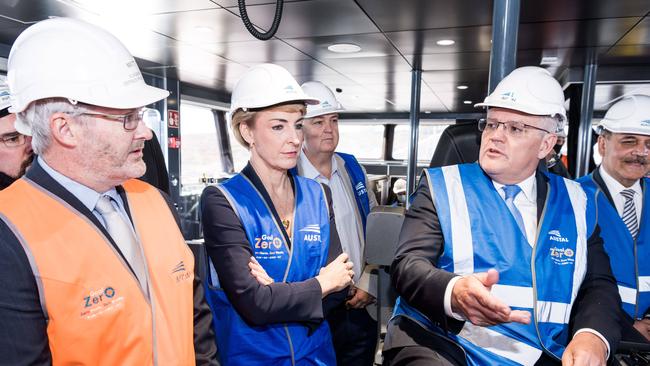 Prime Minister Scott Morrison and Attorney-General Michaelia Cash during a visit to Austral Ships in the seat of Fremantle, WA. Picture: James Brickwood