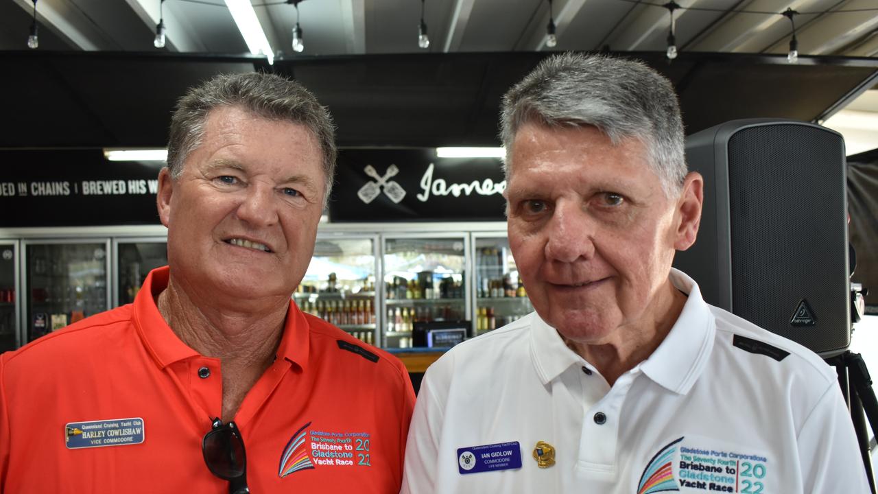 Queensland Cruising Yacht Club (QCYC) Vice-Commodore Harley Cowlishaw and Commodore Ian Gidlow at the Gladstone Yacht Club on Thursday.