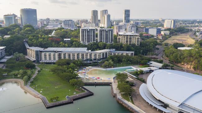 Aerial view of Darwin's Waterfront Precinct...Darwin Waterfront is home to the Wave Pool and also safe swimming Recreation Lagoon...Cafes and restaurants offer plenty of opportunities to refuel after a morning swim, linger over a luxurious lunch, or stop for a sundowner.