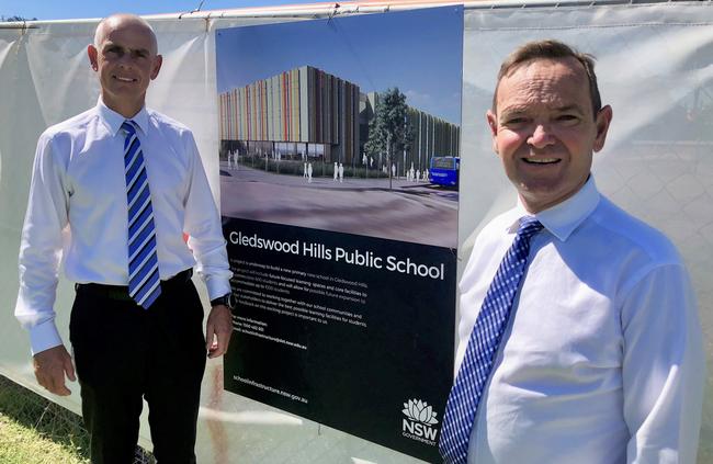 Camden state Liberal candidate Peter Sidgreaves and Camden Liberal MP Chris Patterson at the site of Gledswood Hills Primary School. Picture: Daniel McGookin