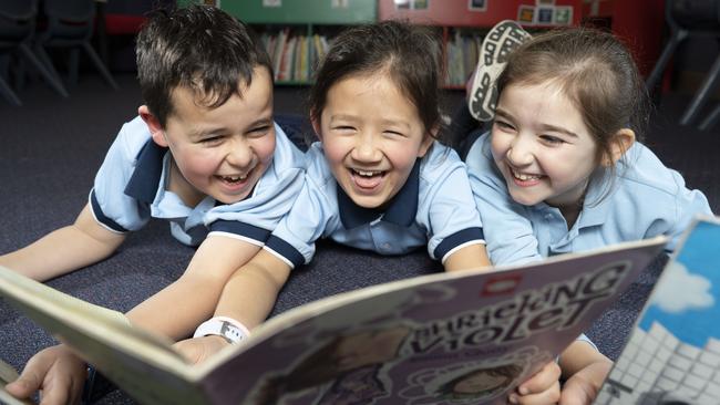 Drummoyne Public School students Ashton Galletta, Anna Packham and Ariahna Giann. Picture: Matthew Vasilescu