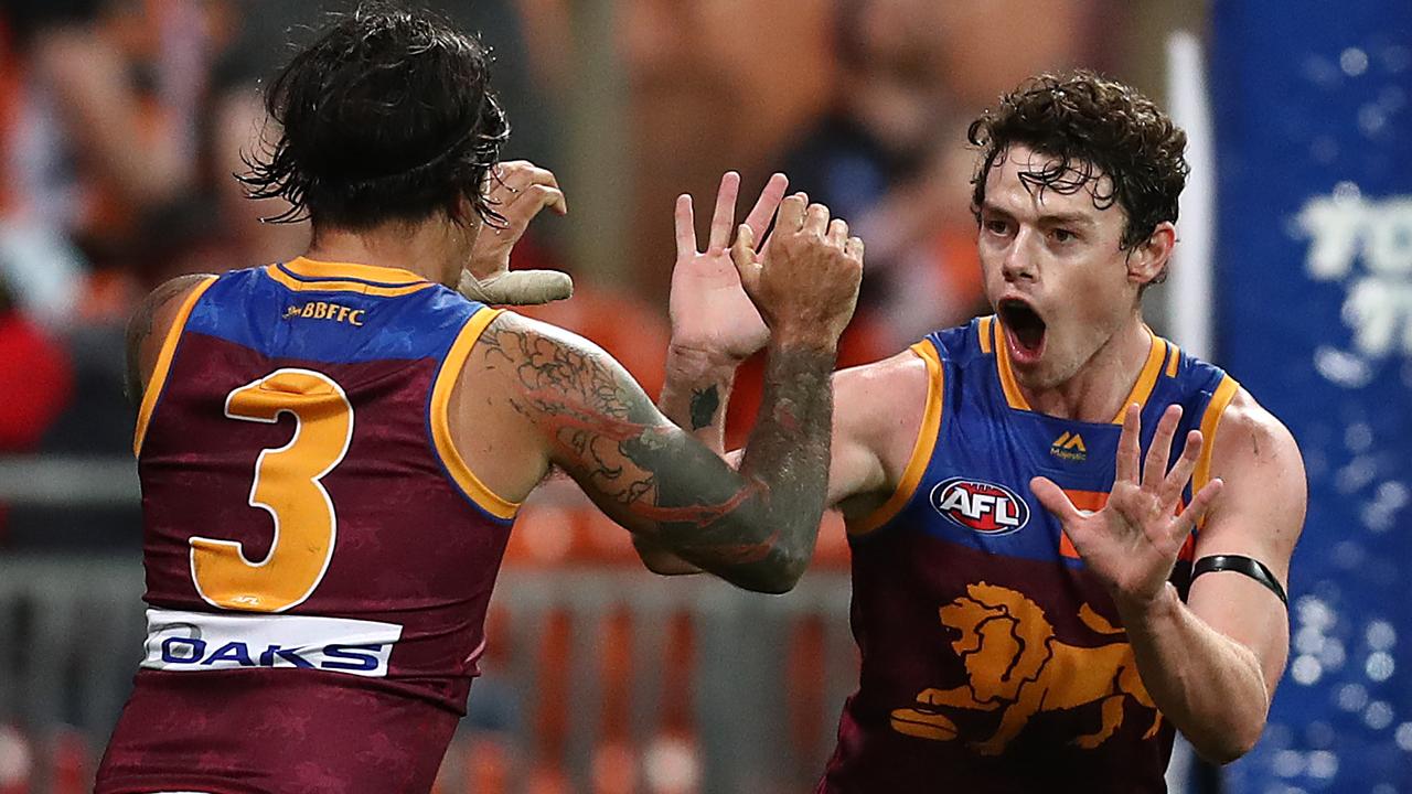 Lachie Neale celebrates a goal against Greater Western Sydney this year.