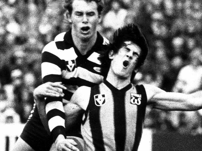 Terry Wallace is tackled by Geelong’s Terry Bright in 1978.