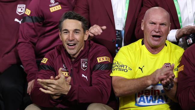 Billy Slater (L) head coach of the Maroons and Allan Langer celebrate winning the 2023 Origin series. Picture: Getty Images