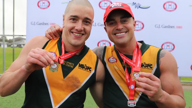 Ben Kennedy (right) celebrates Myponga-Sellicks' 2024 premiership with brother Sam. He has joined Kingston for 2025. Picture: Dos Photography