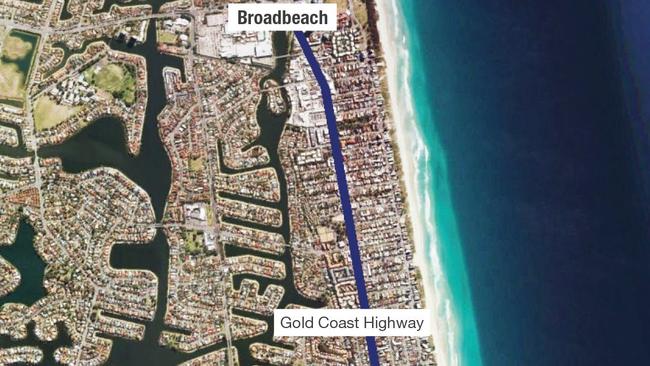 The light rail path along the Gold Coast Highway as originally proposed by GCC in 2015. Photo: Supplied.