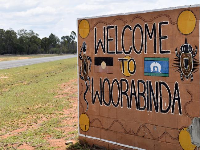 The Welcome to Woorabinda sign in the remote Indigenous community. Photo: Geordi Offord