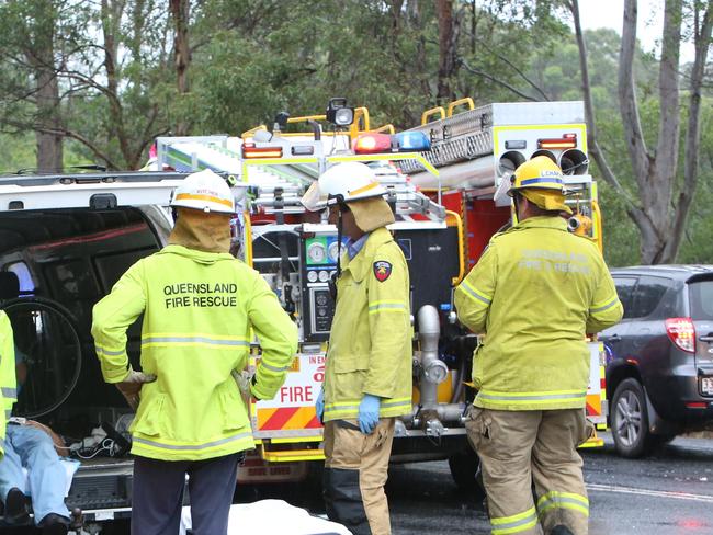 Emergency services at the scene of a two car accident on Landsborough Maleny Road in 2014. Photo Nicola Brander / Sunshine Coast Daily