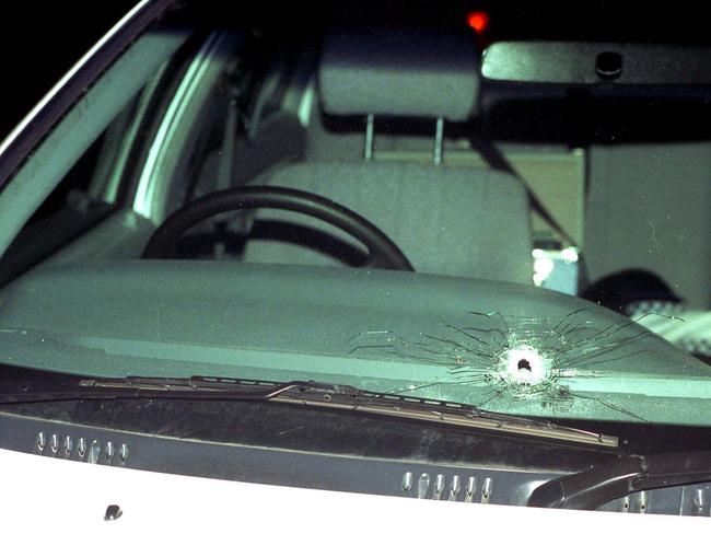 A bullet hole in the windscreen of a police car after the 1994 Hallam shooting.