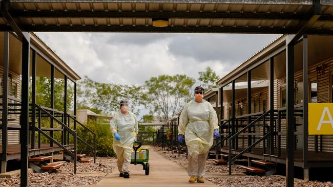 **NO ONLINE USE UNTIL 12:05AM, Friday 15th January, 2020** AUSMAT staff conduct a Swabbing run at a PPE drill at the NCCTRC/AUSMAT sections of the Howard Springs Corona virus quarantine Centre on Darwin's outskirts. Picture: GLENN CAMPBELL via NCA NewsWire