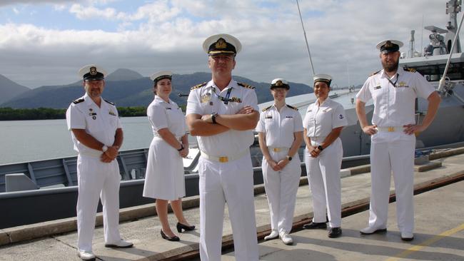 HMAS Cairns personnel L-R Warrant Officer Paul Priddy, Leading Seaman Dominique Taylor, Commander Alfonso Santos, Lieutenant Claire McIntosh, Leading Seaman Breanna Jacobs-Rochford and Lieutenant Commander Richard Currie. Picture: Alison Paterson