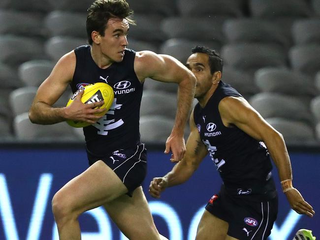 Young Blue Sam Philp is trailed by veteran Eddie Betts during Carlton’s Round 5 clash against St Kilda at Marvel Stadium.