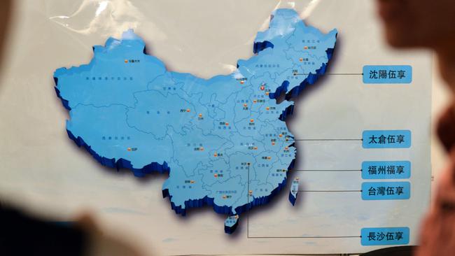 On official maps in China, the island of Taiwan (bottom right) is shown as part of the country despite the two being governed separately for 70 years. Picture: (AFP PHOTO.