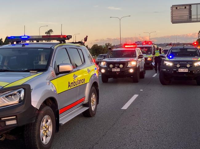 Two patients are being assessed after a vehicle and motorcycle crash, northbound on the Pacific Motorway. Picture: QAS Twitter