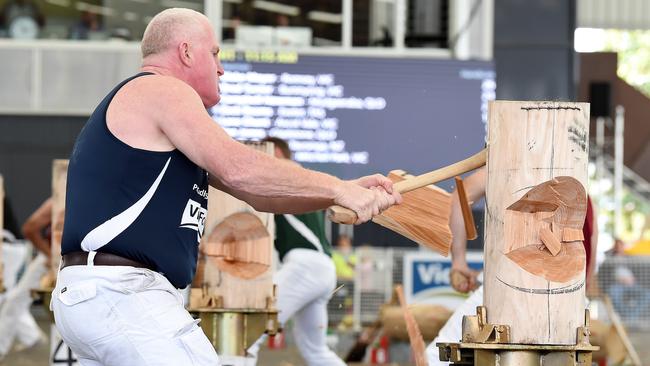 Royal Melbourne Show Day two highlights.  Brad Turner for Victoria competing in  Heat 1 of the Standing Block Handicap in the Woodchop Championship. Picture: Lawrence Pinder