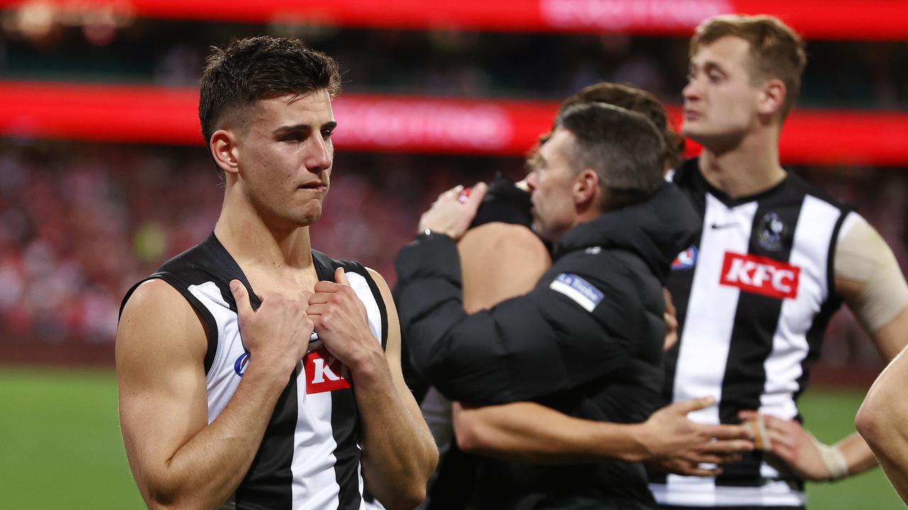 Collingwood’s Nick Daicos and his teammates were emotional in the post-match scenes. Picture: Michael Klein