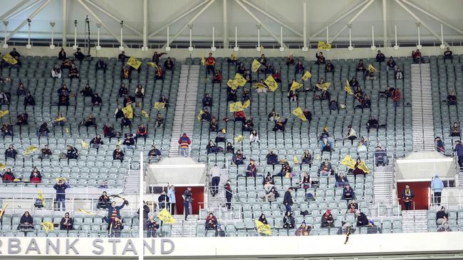 Socially distanced Crows fans at Showdown 48 last year. Picture: Sarah Reed
