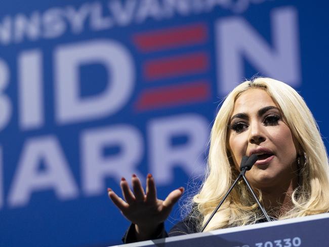 Lady Gaga speaks in support of Democratic presidential nominee Joe Biden during a drive-in campaign rally at Heinz Field in Pittsburgh, Pennsylvania. Picture: Getty Images