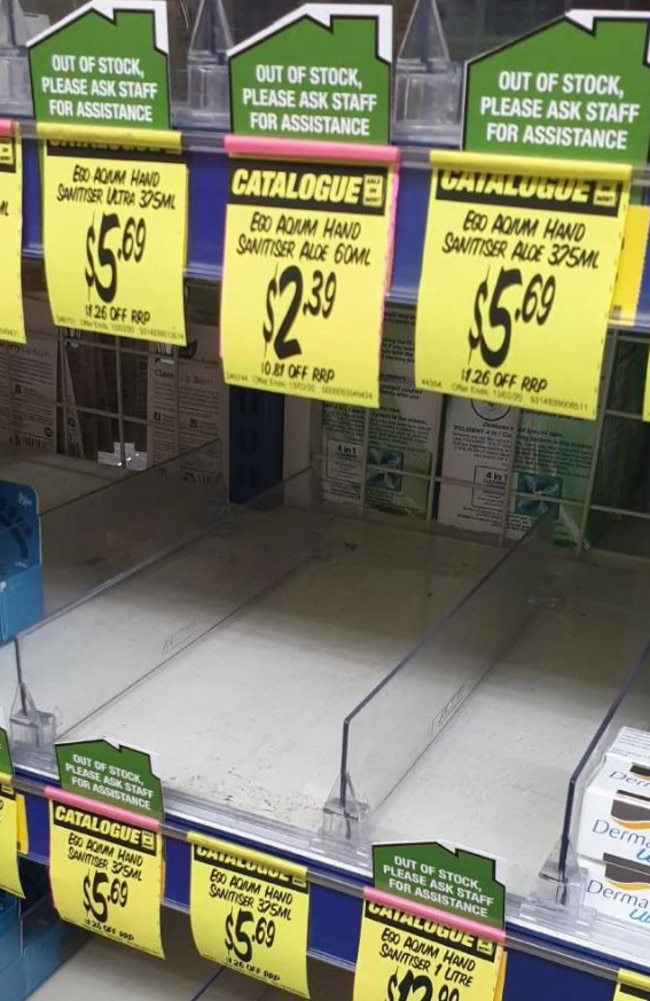 Hand sanitiser has been stripped from shelves in chemists and supermarkets across the country amid fears the coronavirus is about to sweep Australia. Picture: Courier Mail/Thomas Morgan