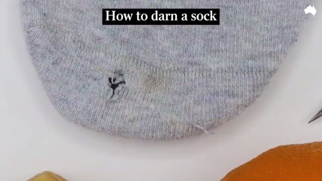 Erin Lewis-Fitzgerald, author of Modern Mending, demonstrates one easy way you can patch a hole in a sock at home.
