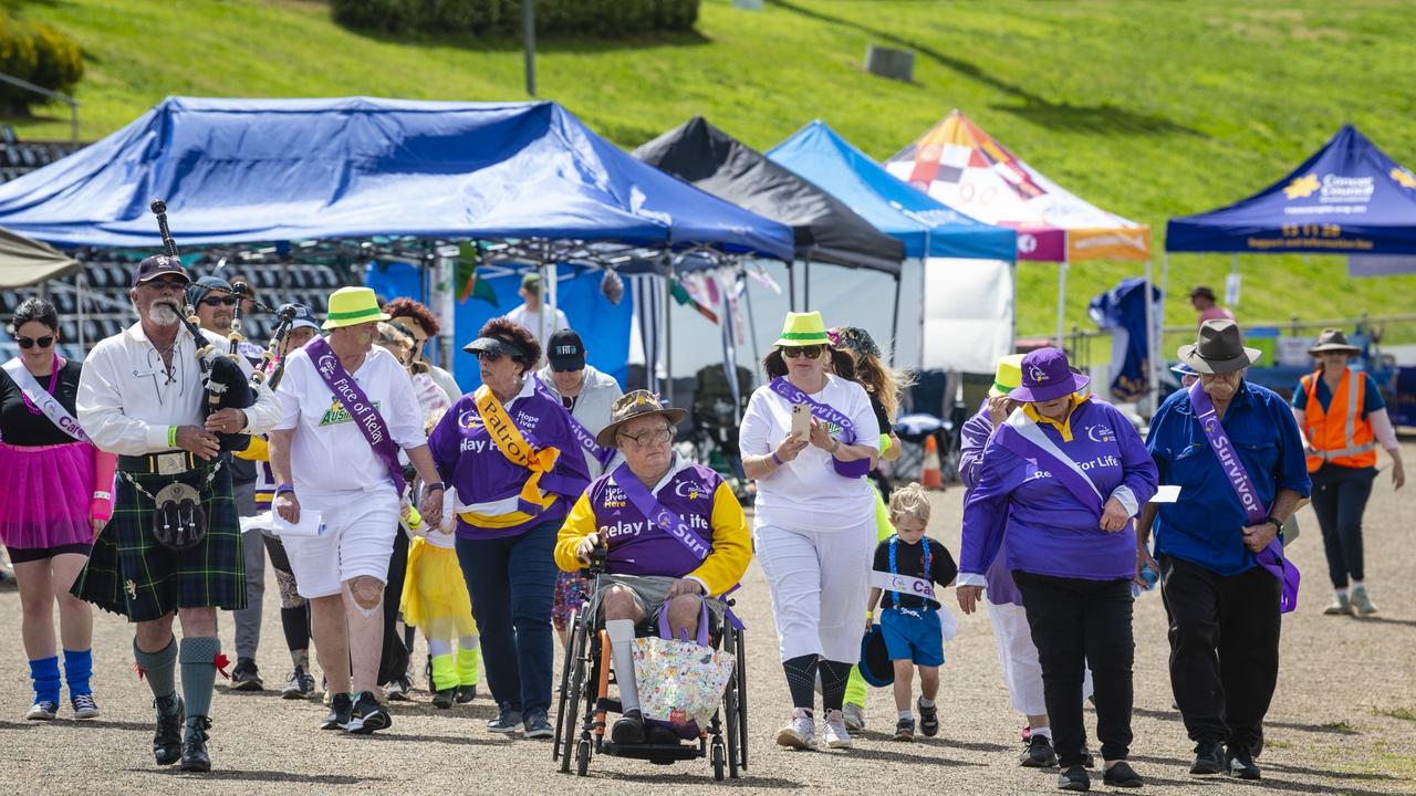 The survivors and carers participate in a lap to start Relay for Life at Toowoomba Showgrounds, Saturday, September 10, 2022. Picture: Kevin Farmer