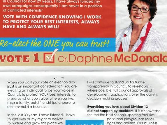 A brochure which is the subject of a complaint against Gold Coast City Councillor Daphne McDonald.