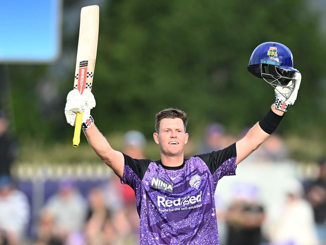 HOBART, AUSTRALIA - DECEMBER 21: Mitch Owen of the Hurricanes celebrates scoring a century during the BBL match between Hobart Hurricanes and Perth Scorchers at Blundstone Arena, on December 21, 2024, in Hobart, Australia. (Photo by Steve Bell/Getty Images)