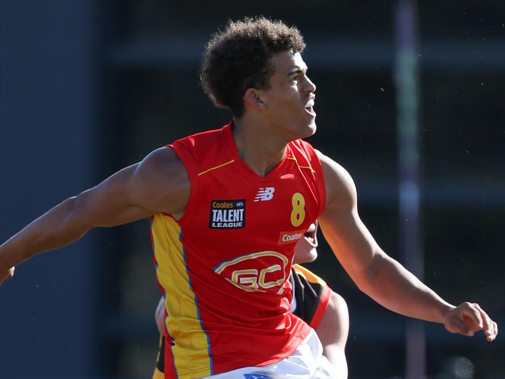 Leonardo Lombard of the Gold Coast Suns U18 boys academy kicks the ball during the 2024 Coates Talent League Boys Round 06 match. Picture: Rob Lawson/AFL Photos.