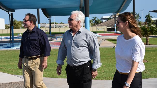 Federal Solomon MP Luke Gosling, Darwin Lord Mayor Kon Vatskalis and City of Darwin CEO Simone Saunders at an event announcing the opening date of the new $26.8m Casuarina Aquatic and Leisure Centre. Picture: Alex Treacy