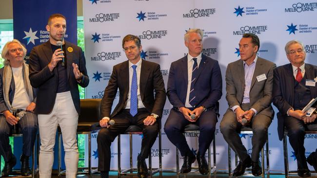 Candiates Phil Reed, Jamal Hakim, Lord Mayor Nick Reece, Arron Wood, Anthony Koutoufides amd Gary Morgan at the VCCI lord mayoral breakfast forum. Picture: Jessica Hooper