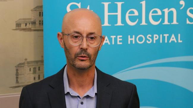 Adjunct Associate Professor Steven Bernardi speaks to the media about the St Helens Private Hospital closure in Hobart on Tuesday, May 2, 2023.