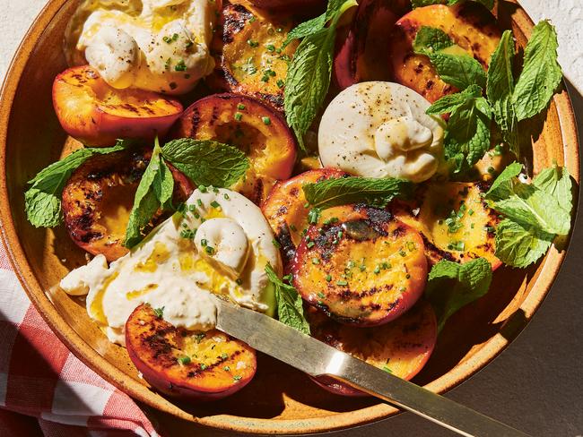 EMBARGO FOR TWAM, 15 FEBRUARY 2025. Grilled peach salad with burrata and green peppercorns from Salad for Days by Alice Zaslavsky, photography by Rochelle Eagle. Murdoch Books RRP $45.00.